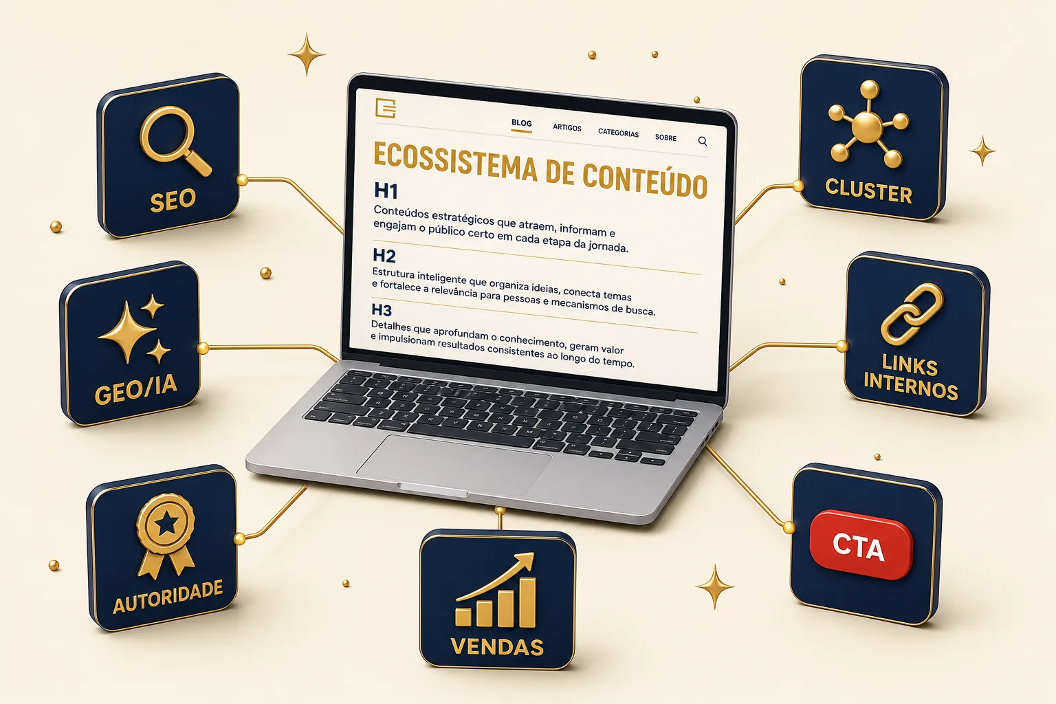 Ilustração isométrica do ecossistema de conteúdo: SEO, GEO, autoridade, cluster, links internos, CTA e vendas