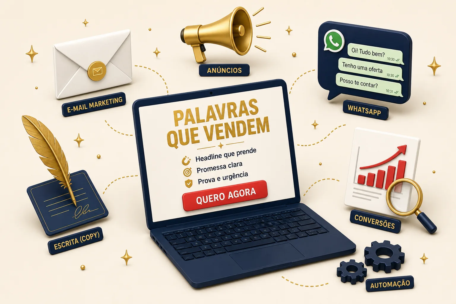 Ilustração isométrica de copywriting: laptop com headline Palavras que Vendem e CTA Quero Agora, conectado a e-mail marketing, anúncios, WhatsApp, conversões e automação