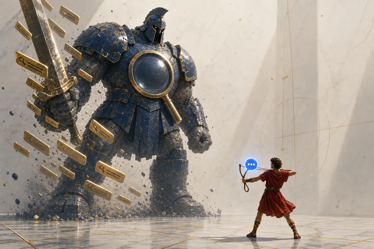 Davi vs Golias do tráfego pago: Google Ads como gigante de armadura azul empunhando palavras-chave douradas e Meta Ads como Davi de túnica vermelha com estilingue de criativo social