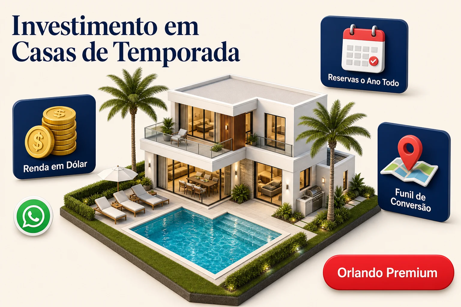 Investimento em casas de temporada em Orlando: villa com piscina, reservas o ano todo, renda em dólar e funil de conversão Premium