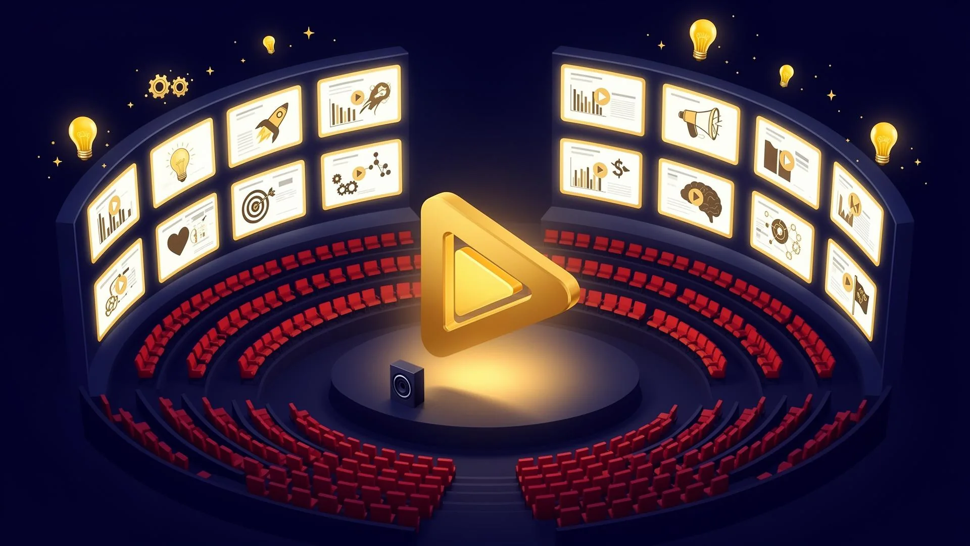 Ilustração isométrica de um anfiteatro digital com 12 telas em arco exibindo palestras de marketing, ícones de ideias, foguete, alvo, megafone e gráficos, e um grande botão de play dourado iluminando o palco