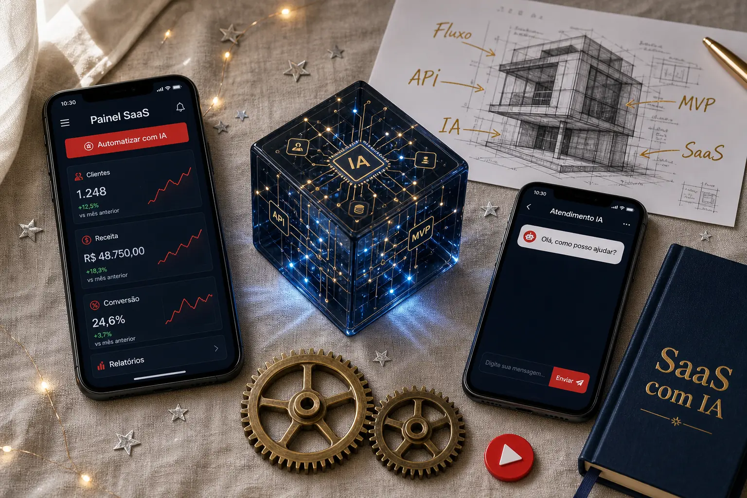 Editorial SaaS com IA: cubo de dados com circuitos dourados, smartphones mostrando Painel SaaS e Atendimento IA, blueprint de produto digital com anotações Fluxo, API, IA, MVP, SaaS, engrenagens e caderno SaaS com IA