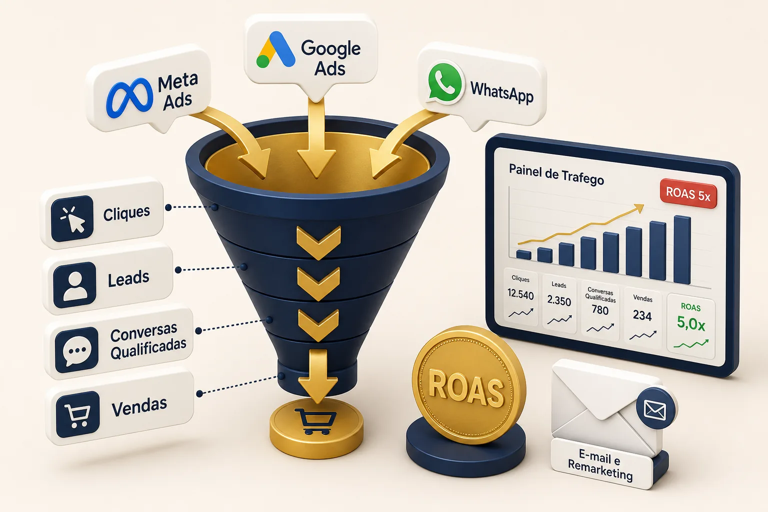Tráfego pago para infoprodutos: funil com Meta Ads, Google Ads e WhatsApp, cliques, leads, conversas qualificadas, vendas e painel de ROAS 5x